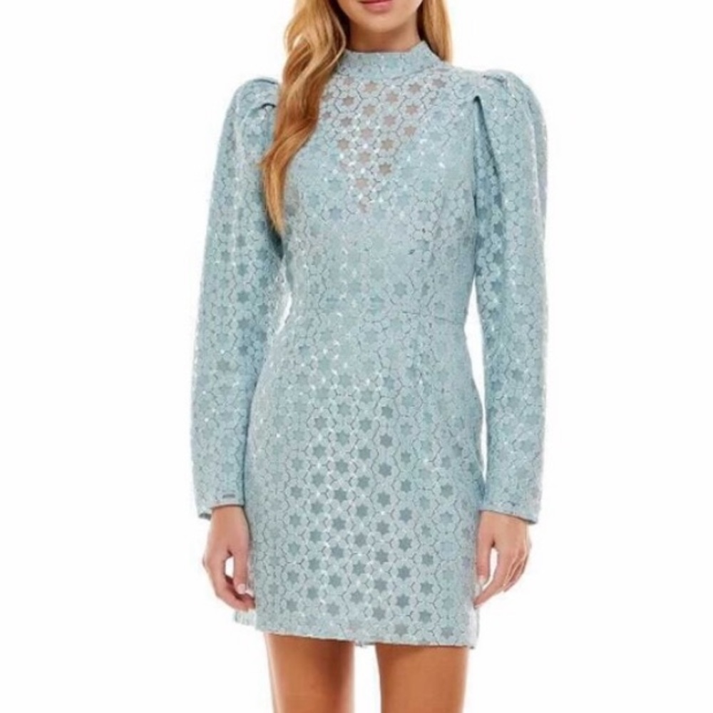 WAYF Elan puff sleeve mini dress; size XS; baby blue/silver